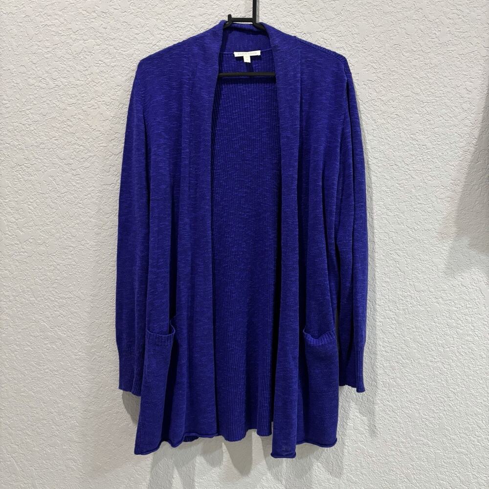 Eileen Fisher M Purple Linen Cotton Open Front Long Cardigan Sweater Pockets